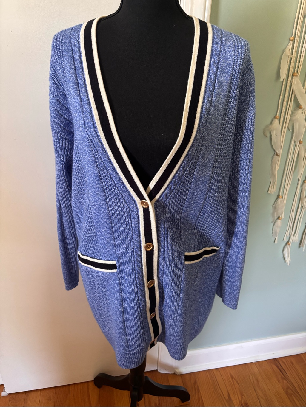 Talbots Blue V-Neck Cardigan Sweater With Contrast Trim And Gold Buttons